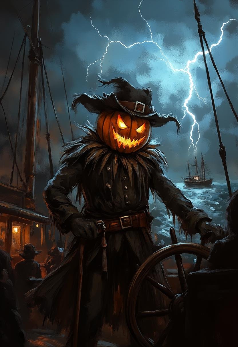 J4CK stands at the helm of a pirate ship,  staring into the stormy sea ahead. Lightning strikes in the distance as J4CK co...