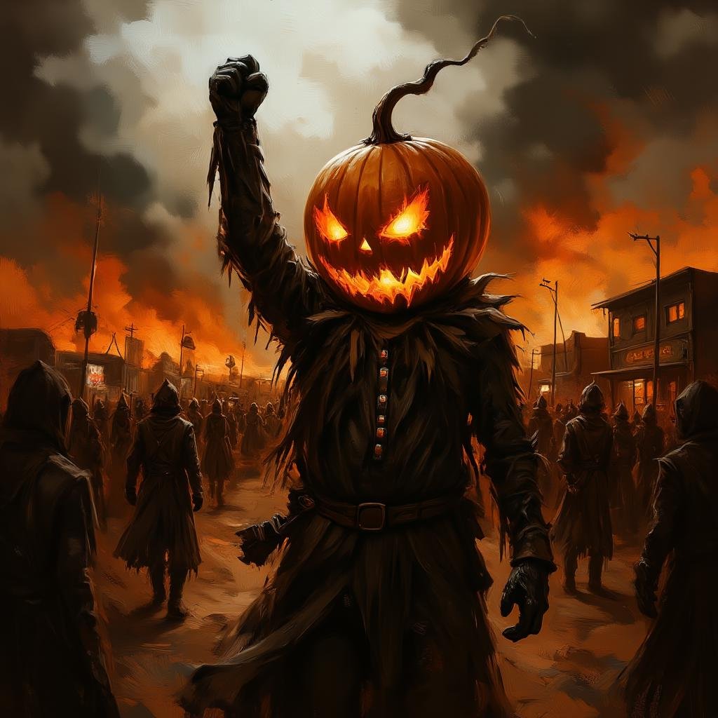 J4CK leads a rebellion in a dystopian future,  surrounded by rebels. Fire burns in the distance as J4CK raises a fist in d...