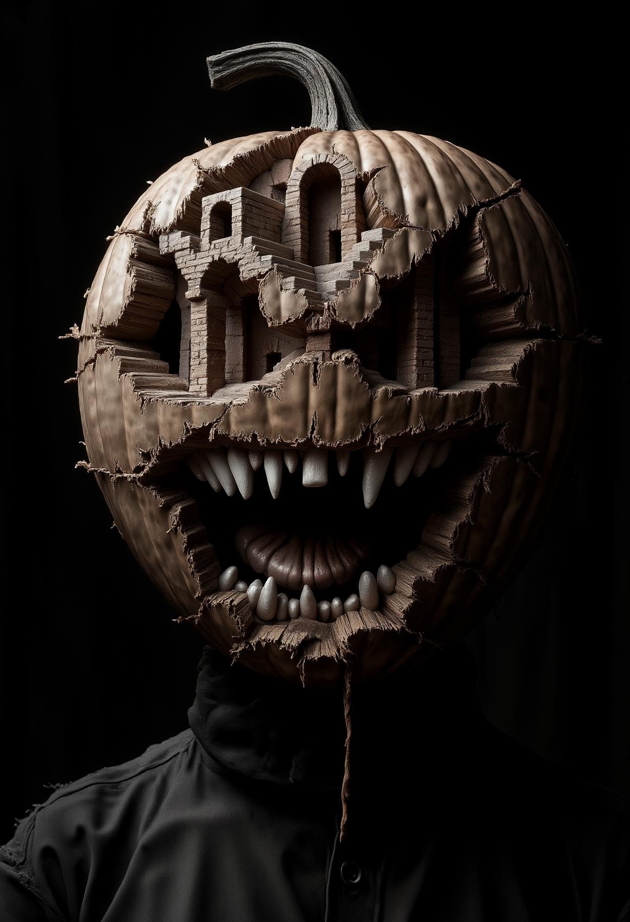An Escher-like transformation of J4CK: The scene shows J4CK's face transforming into a mosaic of stairs,  arches,  and imp...
