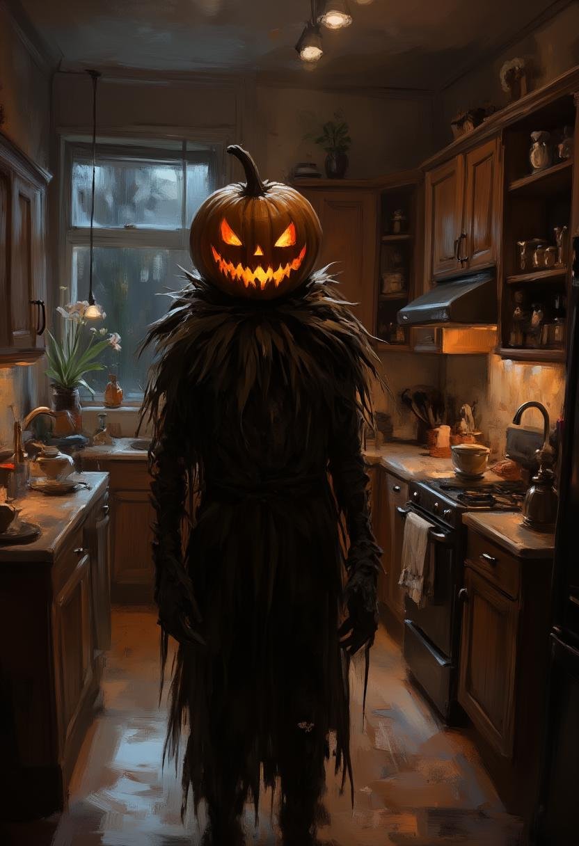 creapy J4CK wearing dark art cloths is standing in the center of a kitchen seen from the front,  tidy clean with personal...