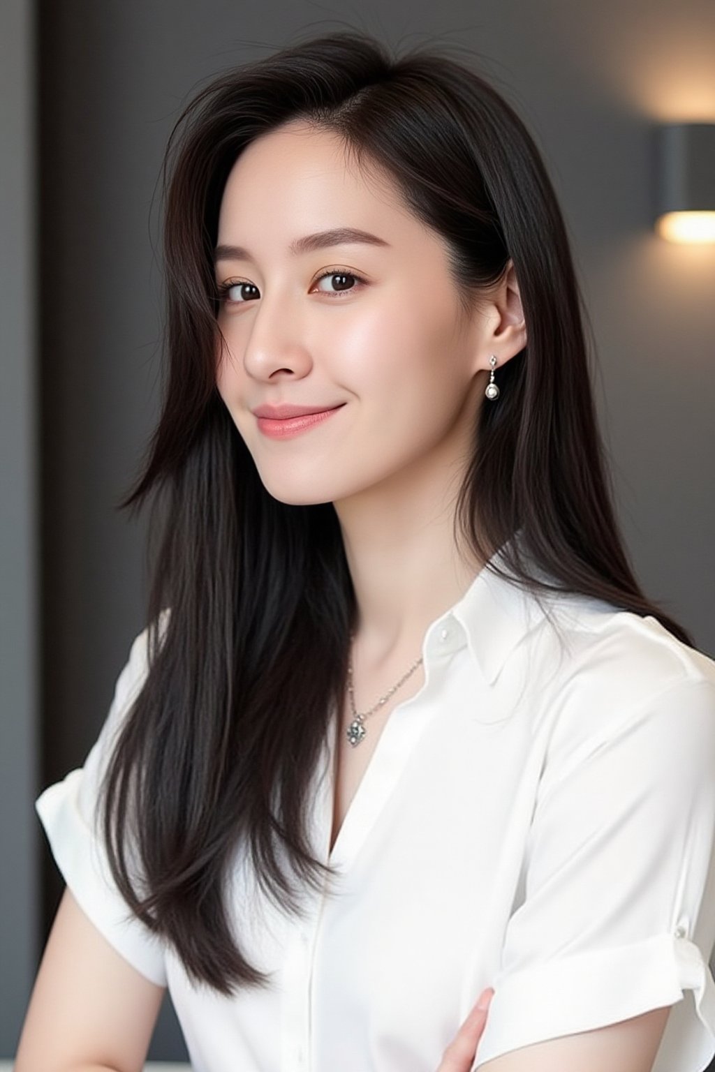 A high-resolution photograph of a young Asian woman with long straight black hair wearing a white short-sleeved blouse. Sh...