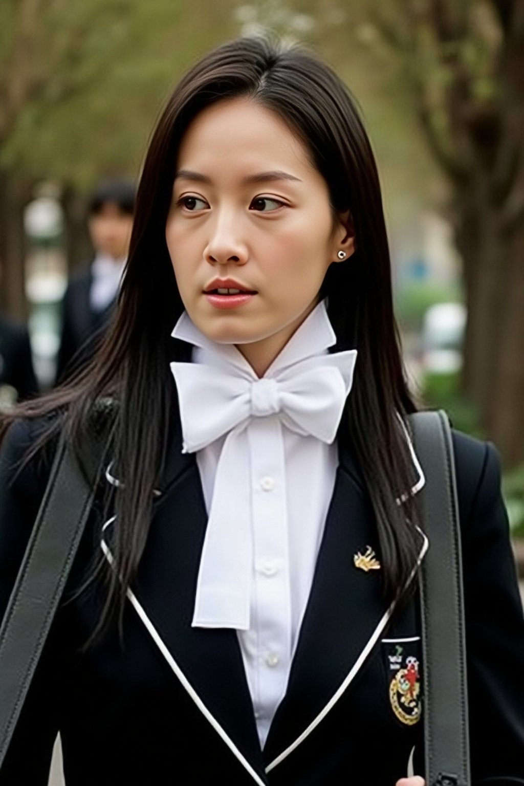 A photograph of a young Asian woman with long straight black hair wearing a black school uniform with a white shirt and a...