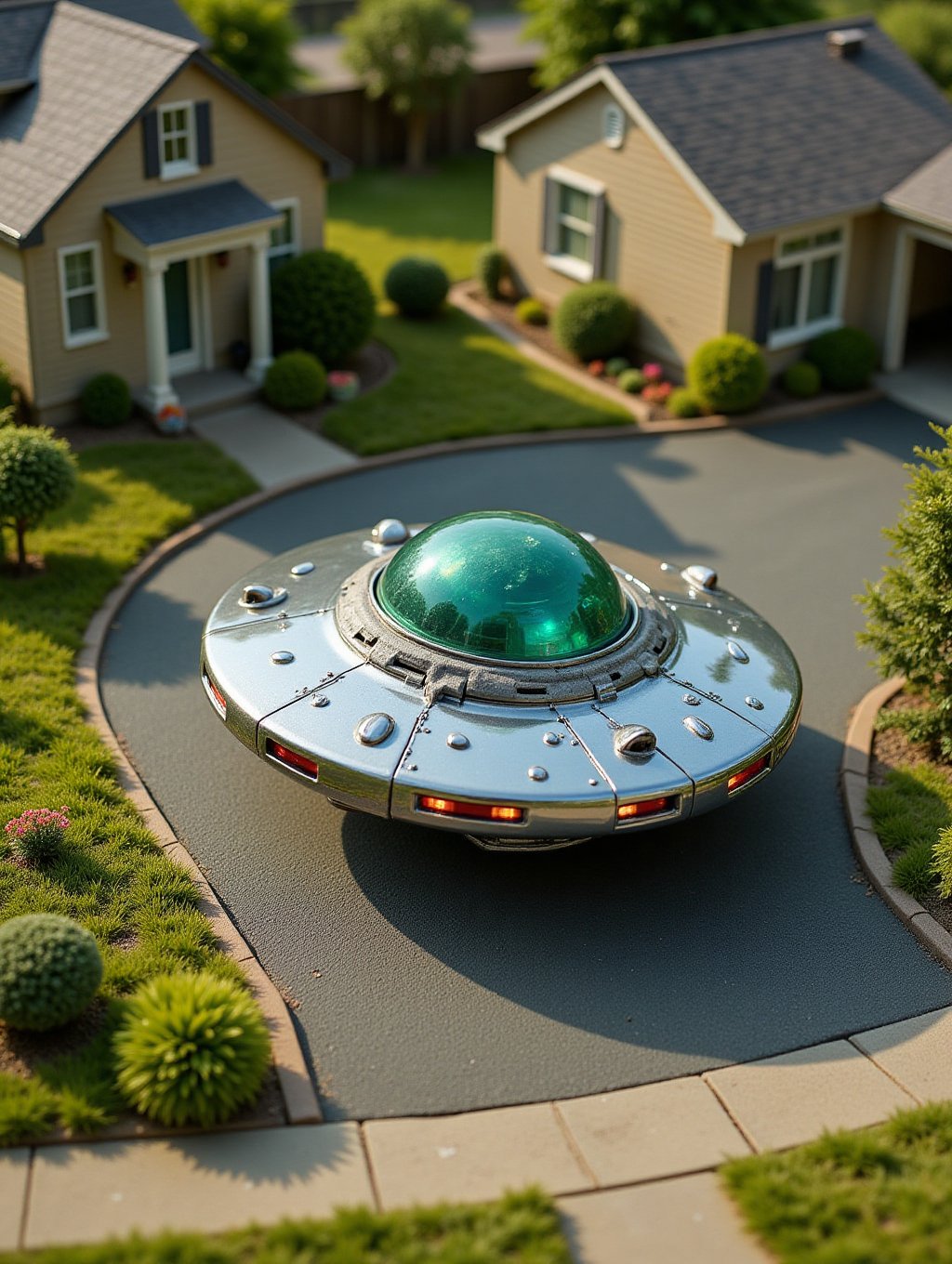 diorama miniatures view of a typical suburban single family home with a large UFO covering the entire driveway. The alien...
