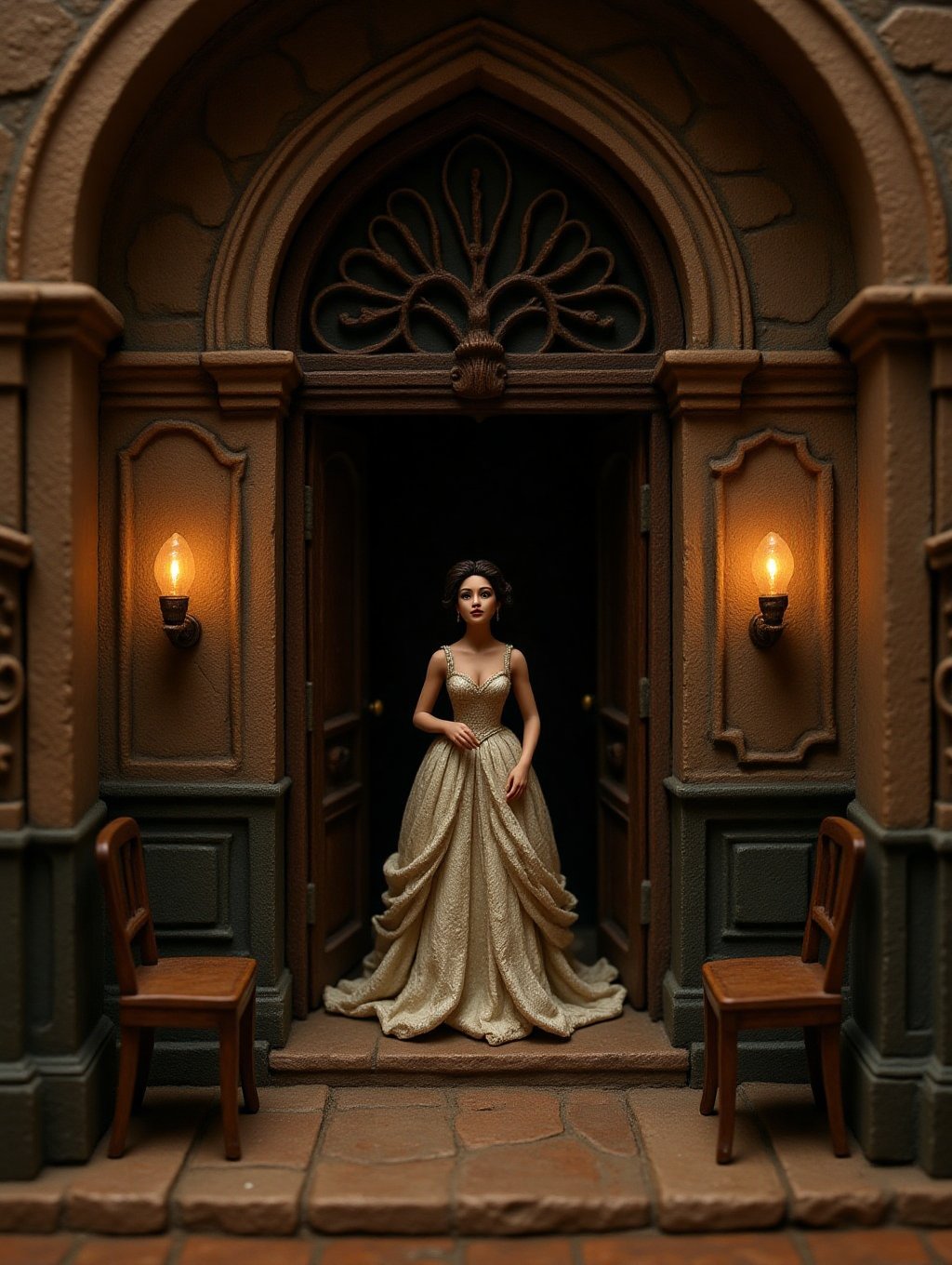 diorama miniatures view of a beautiful model emerging from the shadow of a dark doorway in a baroque architecture tall hal...