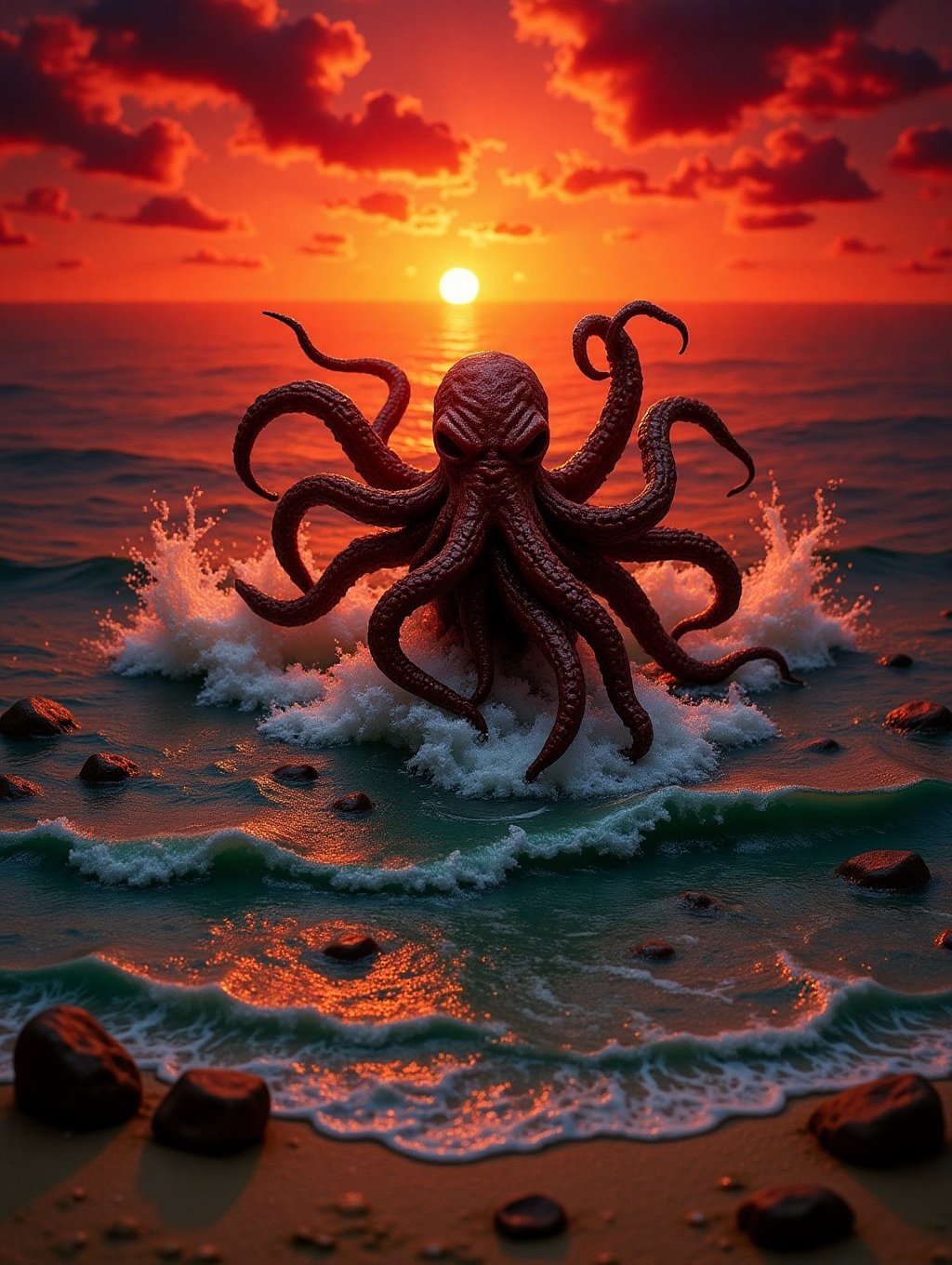 diorama miniatures view of an evil horror Cthulhu rising from the ocean under a sunset menacing blood sky by EldritchAdam...