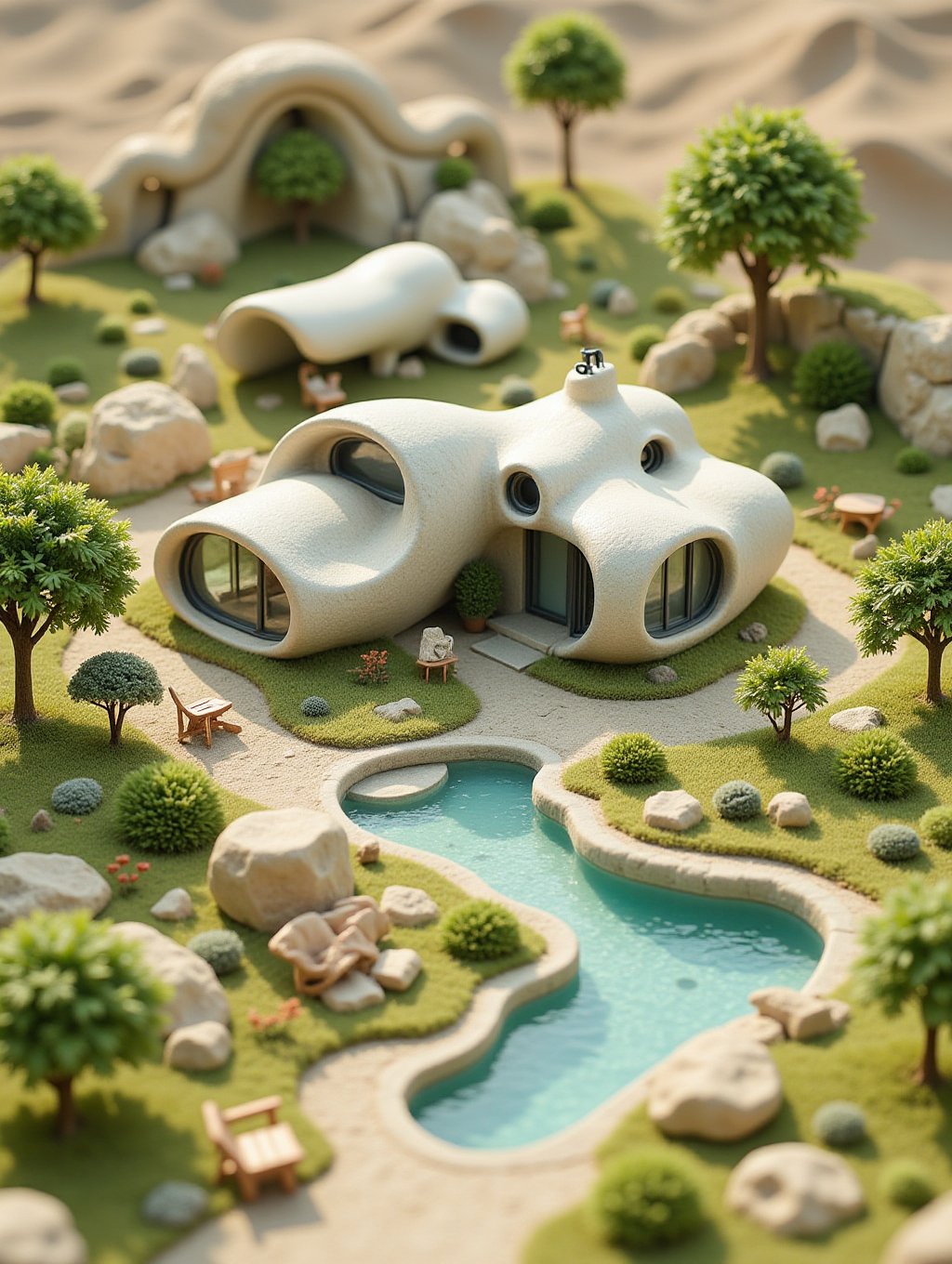 diorama miniatures view of an architectural study concept for futuristic homes incorporating organic fluidity rounded and...