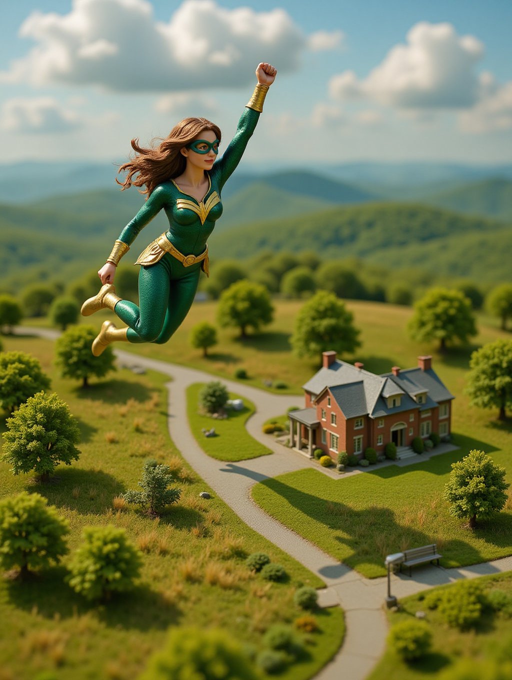 diorama miniatures view of a superhero in flight in her form-fitting gold-green costume with her fist raised above her hea...