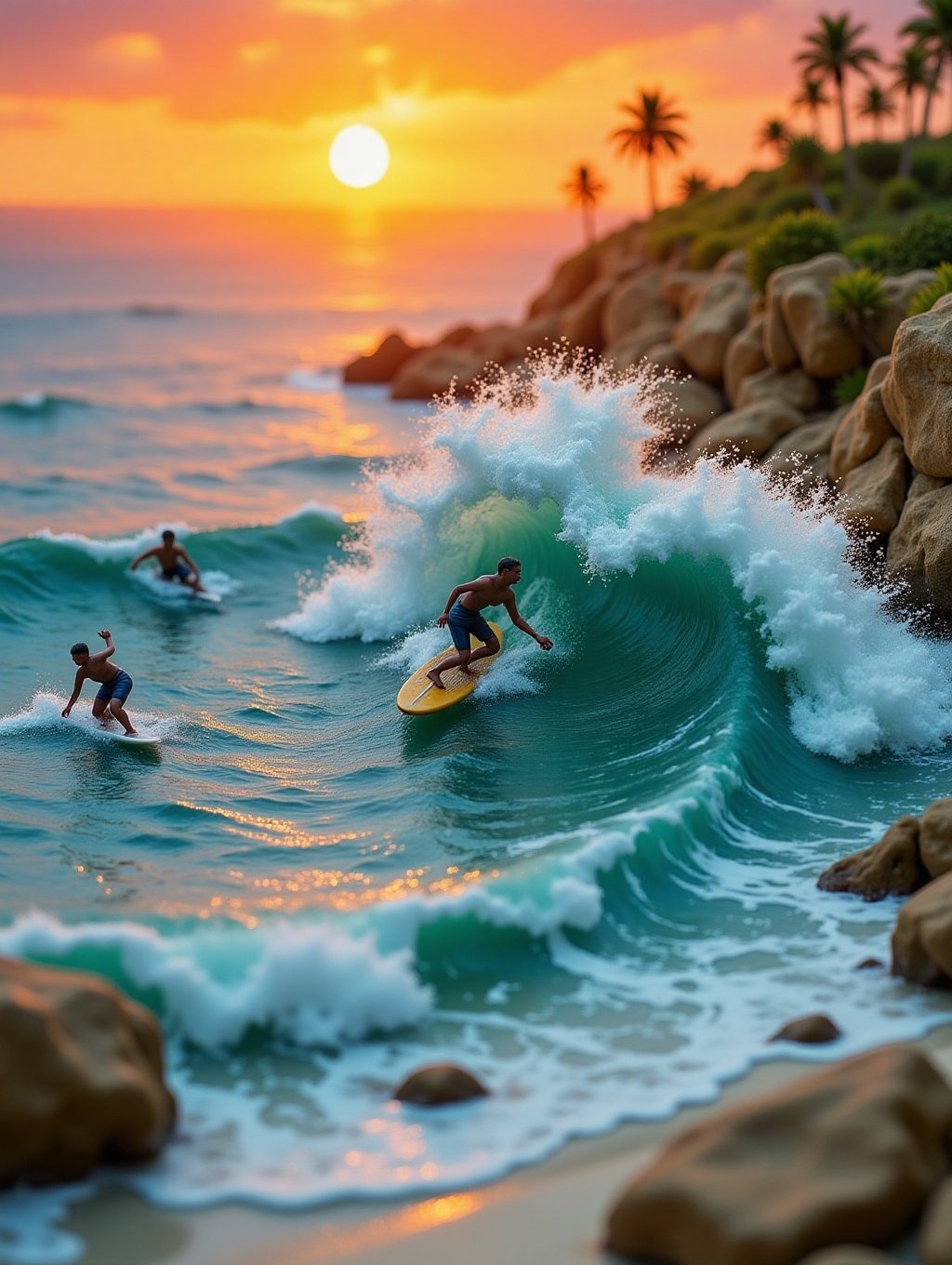 diorama miniatures view closeup of a surfer riding a massive wave,  with the sun setting in the background. The ocean is t...