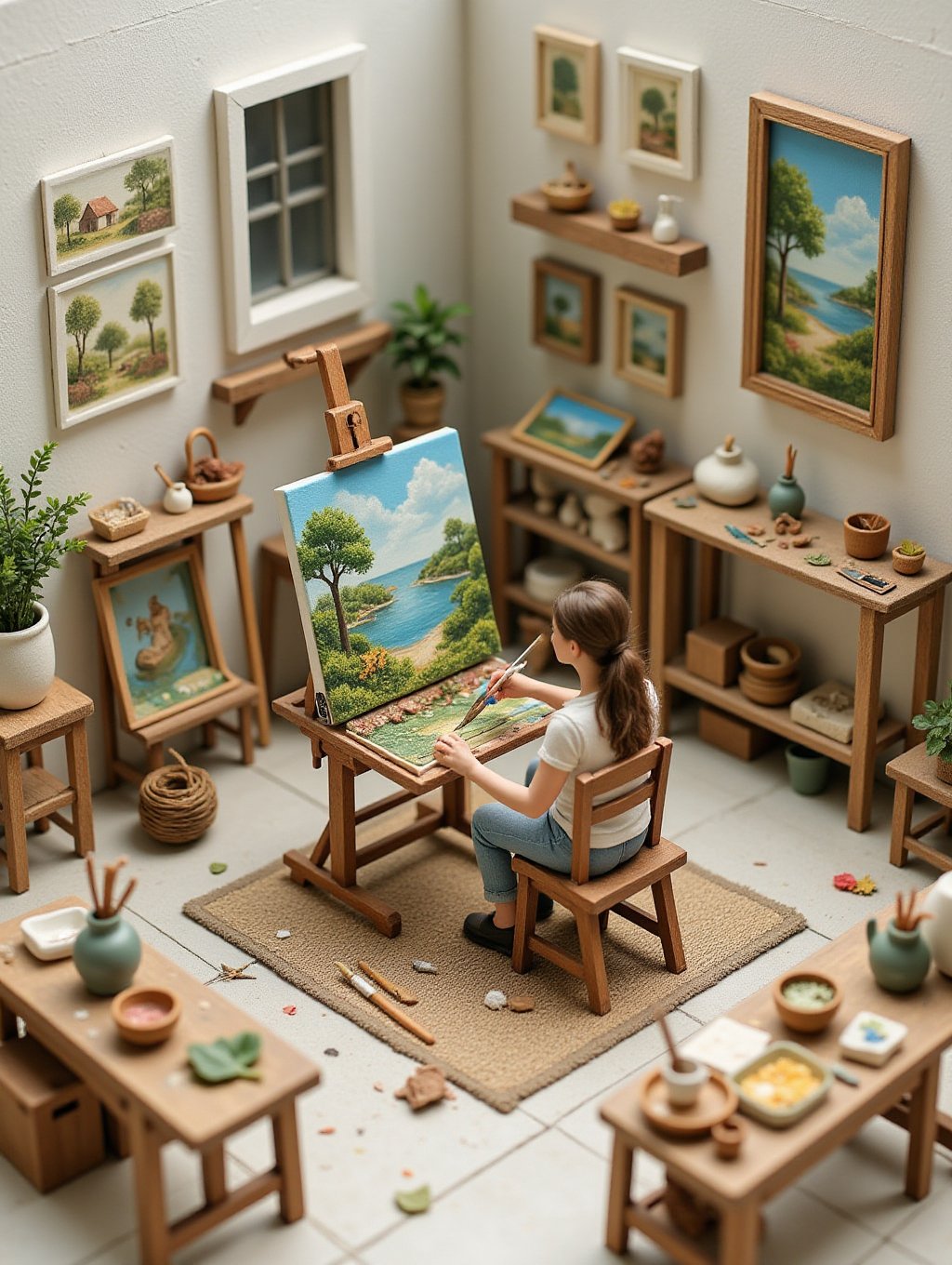 diorama miniatures view of an artist at work painting on her canvas on an easel. Beautiful scenes take life on the canvas...