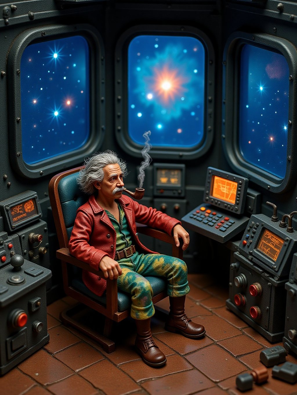 diorama miniatures view of a space pirate with a tie-dyed space suit and a red pirates jacket Einstein-like hair smoking a...