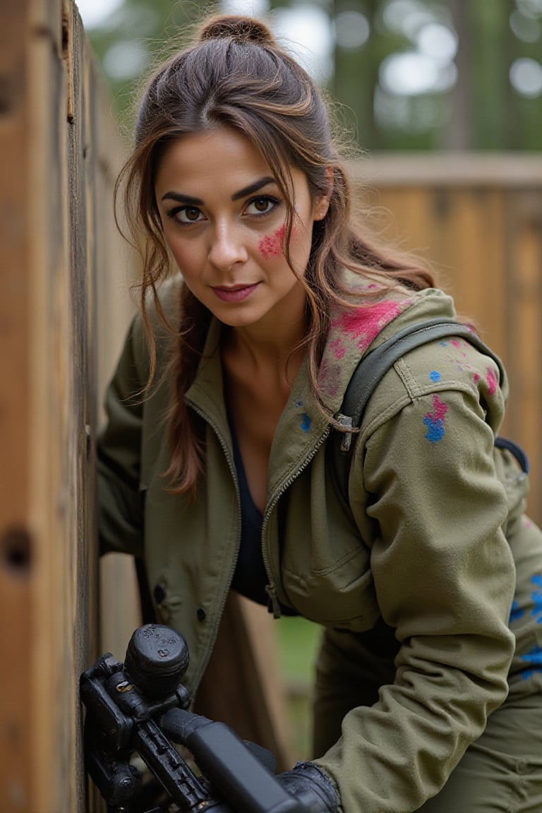 CarolModel,  40-year-old woman,  wearing a fitted tactical paintball uniform in olive green by Toñito on Tensor.Art
