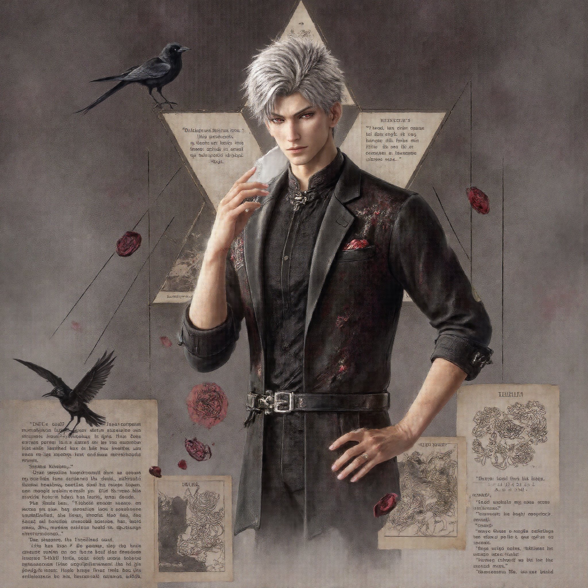 sylus_cf,  stylish minimalist anime collage of a devastatingly handsome man with short silver hair and luminous red eyes,...