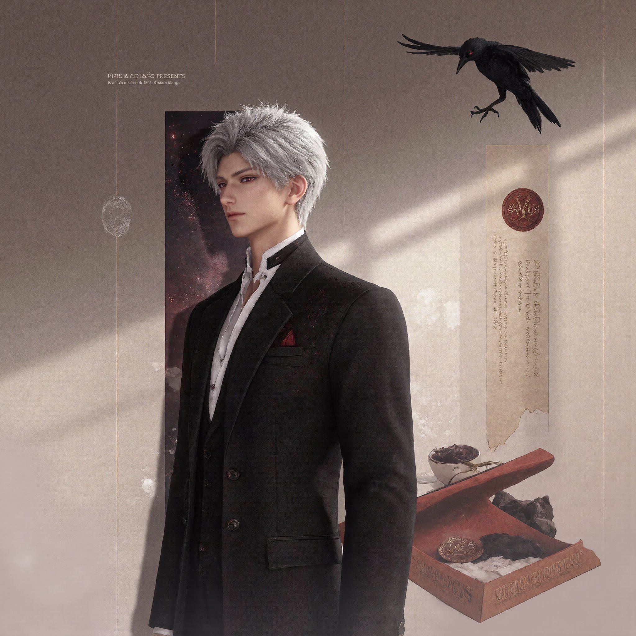 sylus_cf,  stylish minimalist anime collage of a devastatingly handsome man with short silver hair and luminous red eyes,...