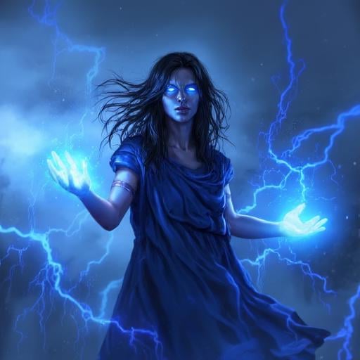 Digital ilustration in PoE1ascendancyArtFLUXV1 of a pale woman with long black hair wearing a long blue robe,  with eyes g...