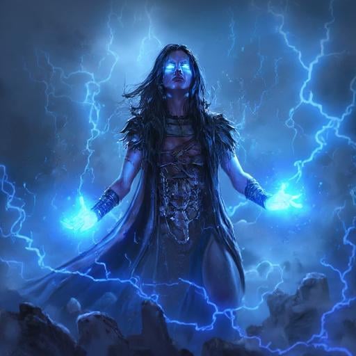 Digital ilustration in PoE1ascendancyArtFLUXV1 of a pale woman with long black hair wearing a long blue robe,  with eyes g...