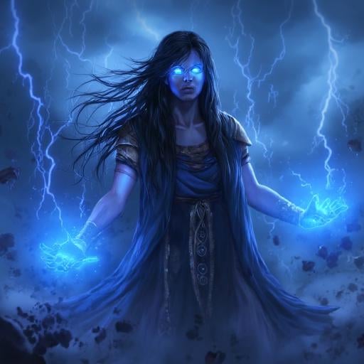 Digital ilustration in PoE1ascendancyArtFLUXV1 of a pale woman with long black hair wearing a long blue robe,  with eyes g...