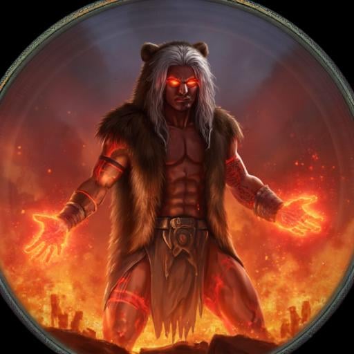 Digital ilustration in PoE1ascendancyArtFLUXV1 style of muscular dark-skinnad man with red glowing tattoos,  long white ha...