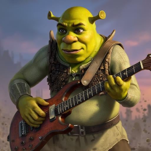 Digital ilustration in PoE1ascendancyArtFLUXV1 style of Shrek playing on a eletrctic guitar by Shrekman17 on Tensor.Art