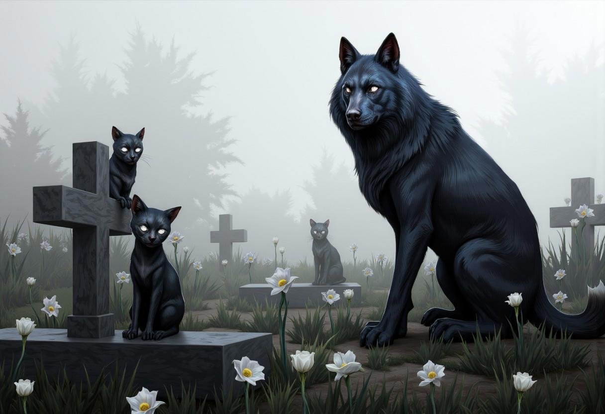illustration in DD4Ced-STV1.0 artstyle that features fog covered graveyard,  graveyard is full of white flowers that raise...