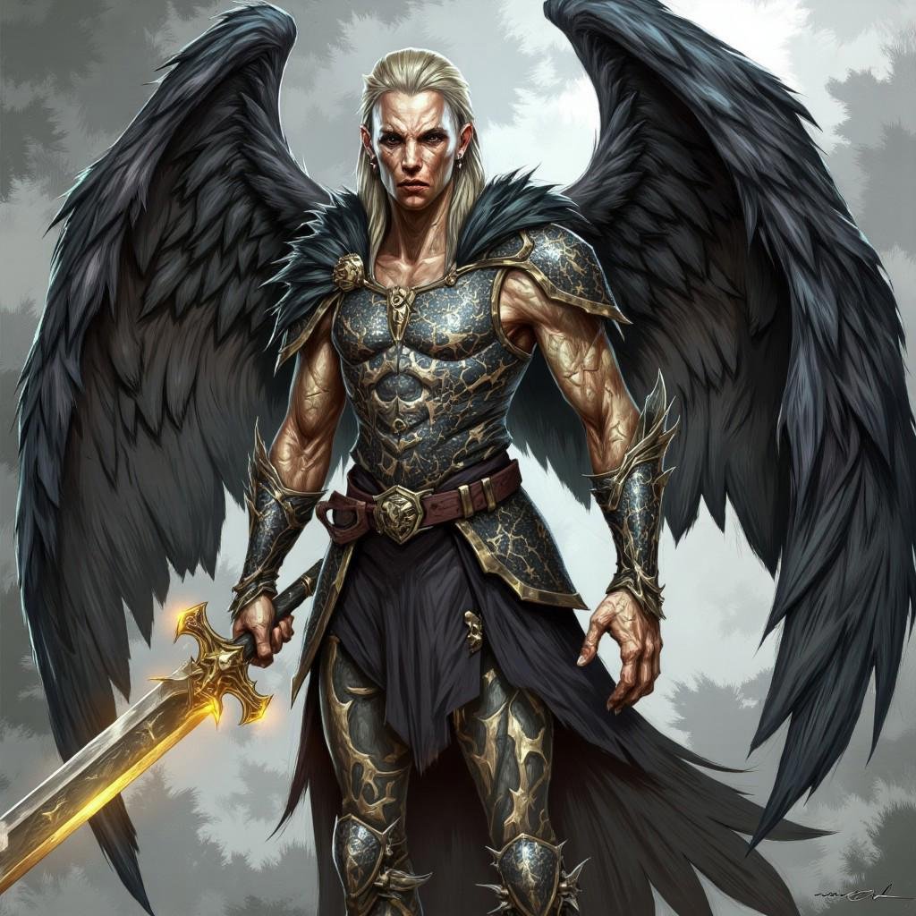 illustration in DD4Ced-STV1.0 artstyle that features A former angel cast down from the heavens for betraying their celesti...