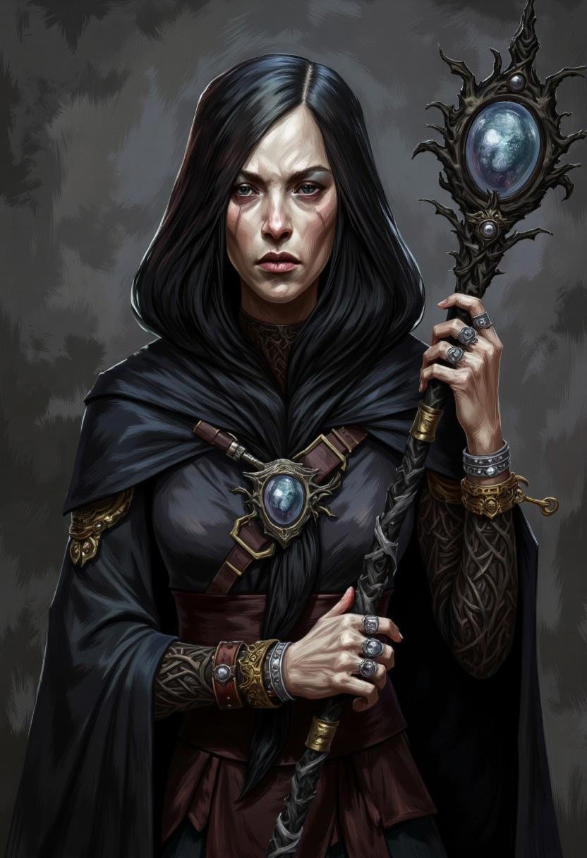 illustration in DD4Ced-STV1.0 artstyle that features A dark necromancer who possesses the ability to bind souls to objects...