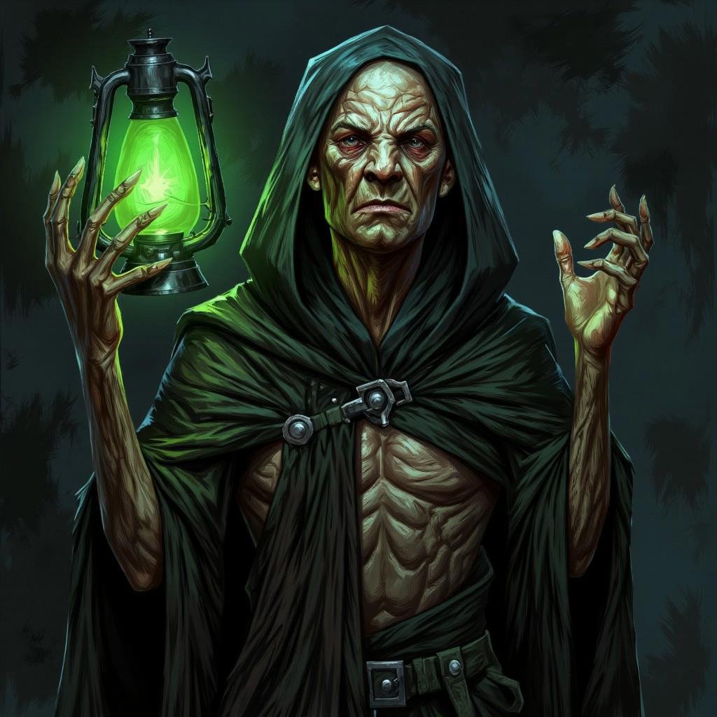 illustration in DD4Ced-STV1.0 artstyle that features An ancient,  reclusive figure who tends to the graves of the lost and...