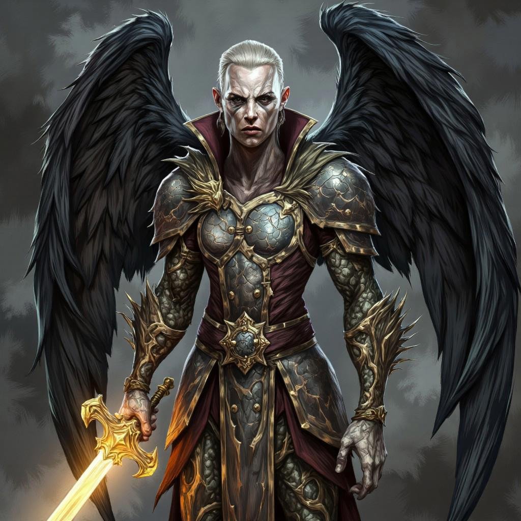 illustration in DD4Ced-STV1.0 artstyle that features A former angel cast down from the heavens for betraying their celesti...