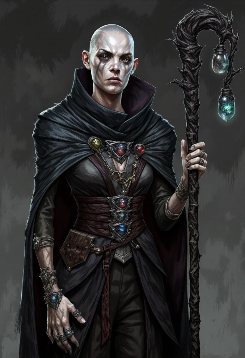 illustration in DD4Ced-STV1.0 artstyle that features A dark necromancer who possesses the ability to bind souls to objects...