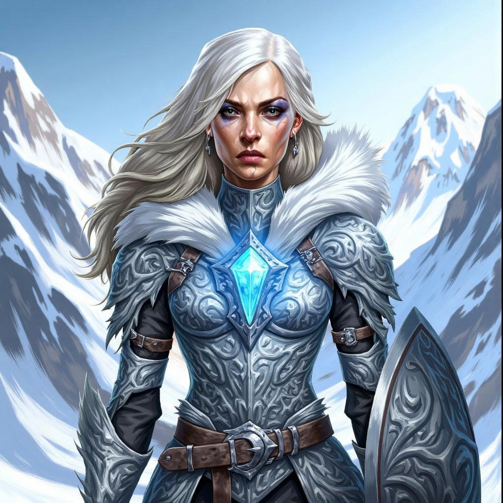 illustration in DD4Ced-STV1.0 artstyle that features A striking female warrior stands amid a snow-covered mountain pass,...