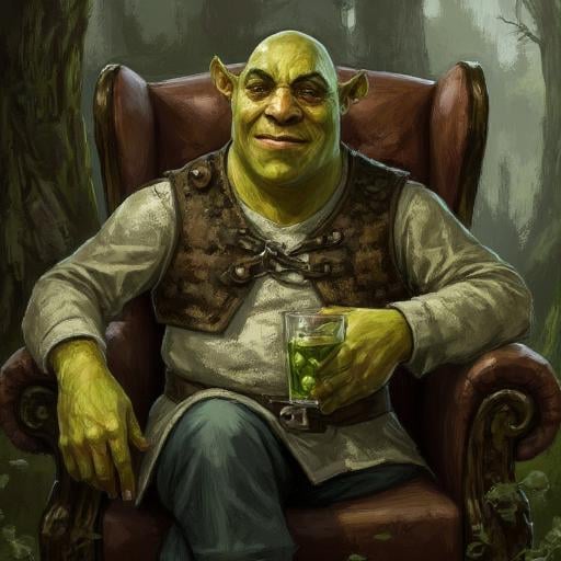 illustration in DD4Ced-STV1.0 artstyle that features Shrek sitting on a chair in his swamp,  Shrek smiles and looks at vie...