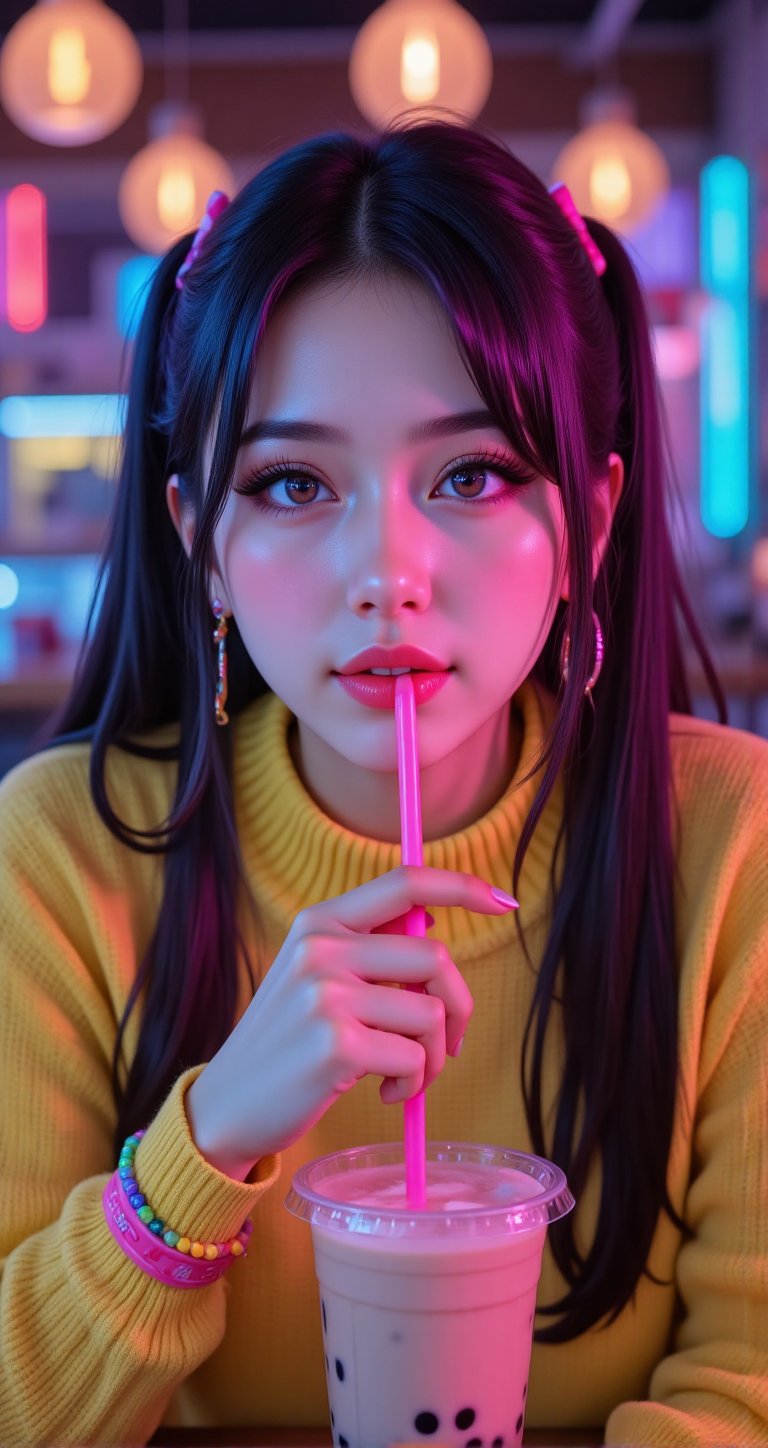 Neon Glow,  Juna is sipping bubble tea with a pink straw in a cafe,  Juna Incredibly beautiful Latina woman by AmandaM91 o...