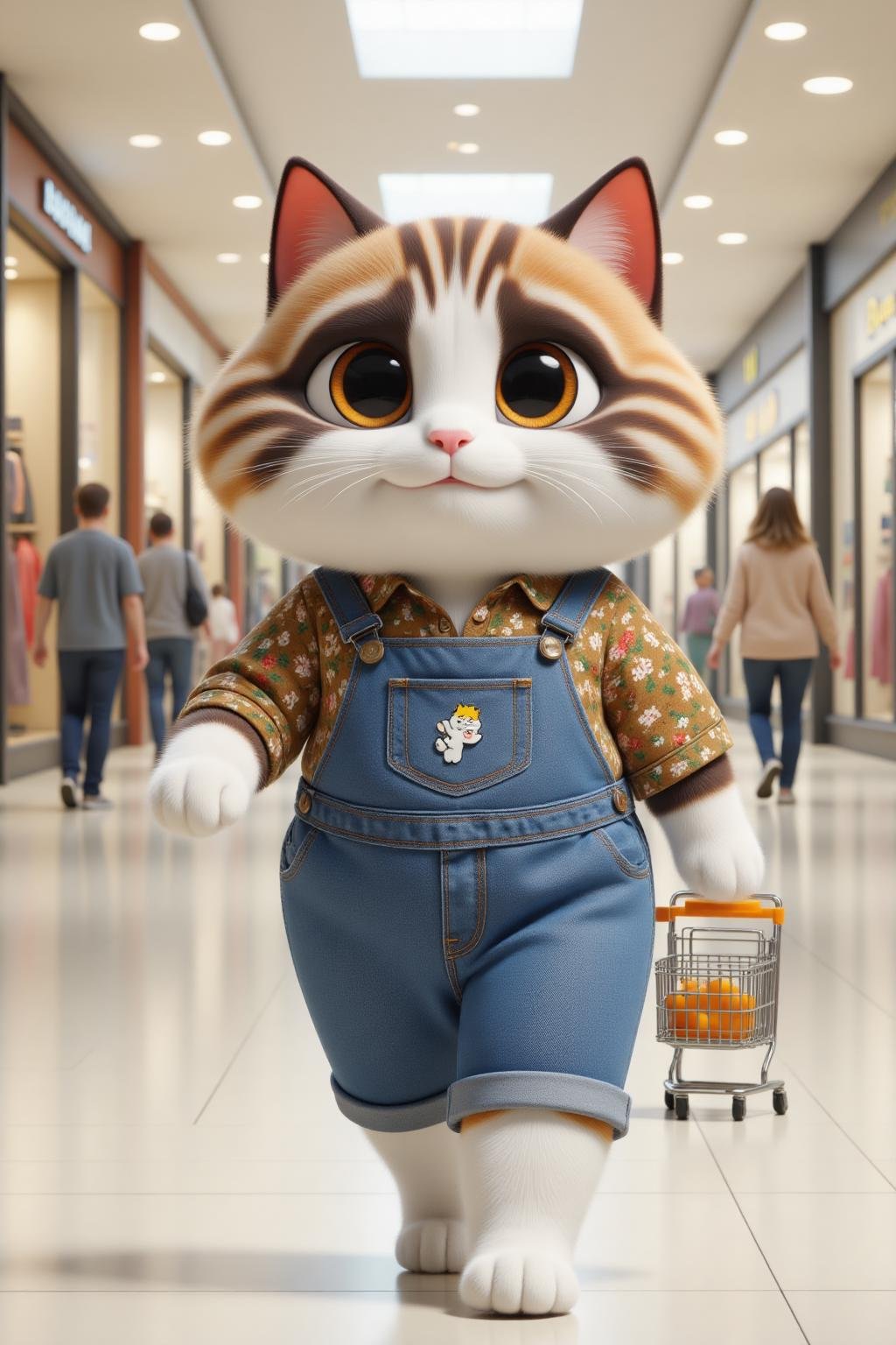 This is a highly detailed CGI image depicting an anthropomorphic cat walking through a brightly lit,  modern shopping mall...