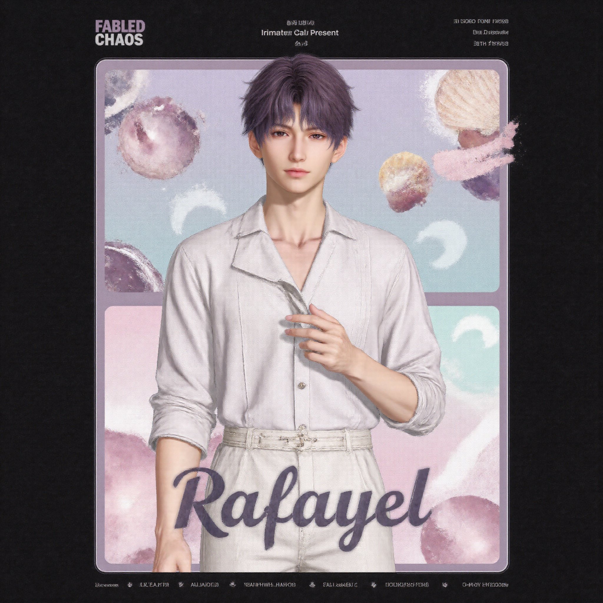 rafa_cf,  A stylized graphic design portrait of a tall,  slender young man with short middle-parted wavy purple hair and s...