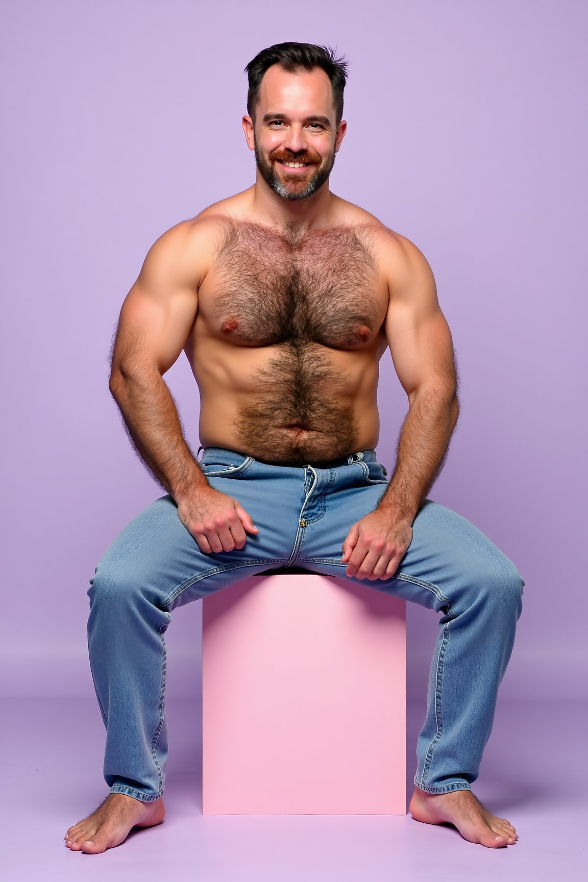 This is a photograph of a very attractive man in his early 40s sitting with feets on a pale pink cube against a plain ligh...