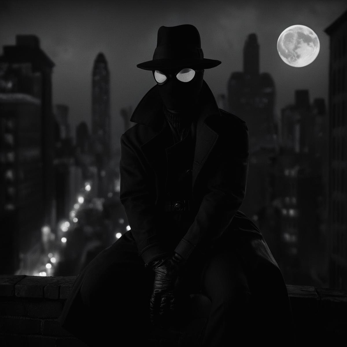 cinematic film still of Spider-Man Noir a man in a black suit and hat sitting on a ledge in Marvel Noir universe,  solo,...