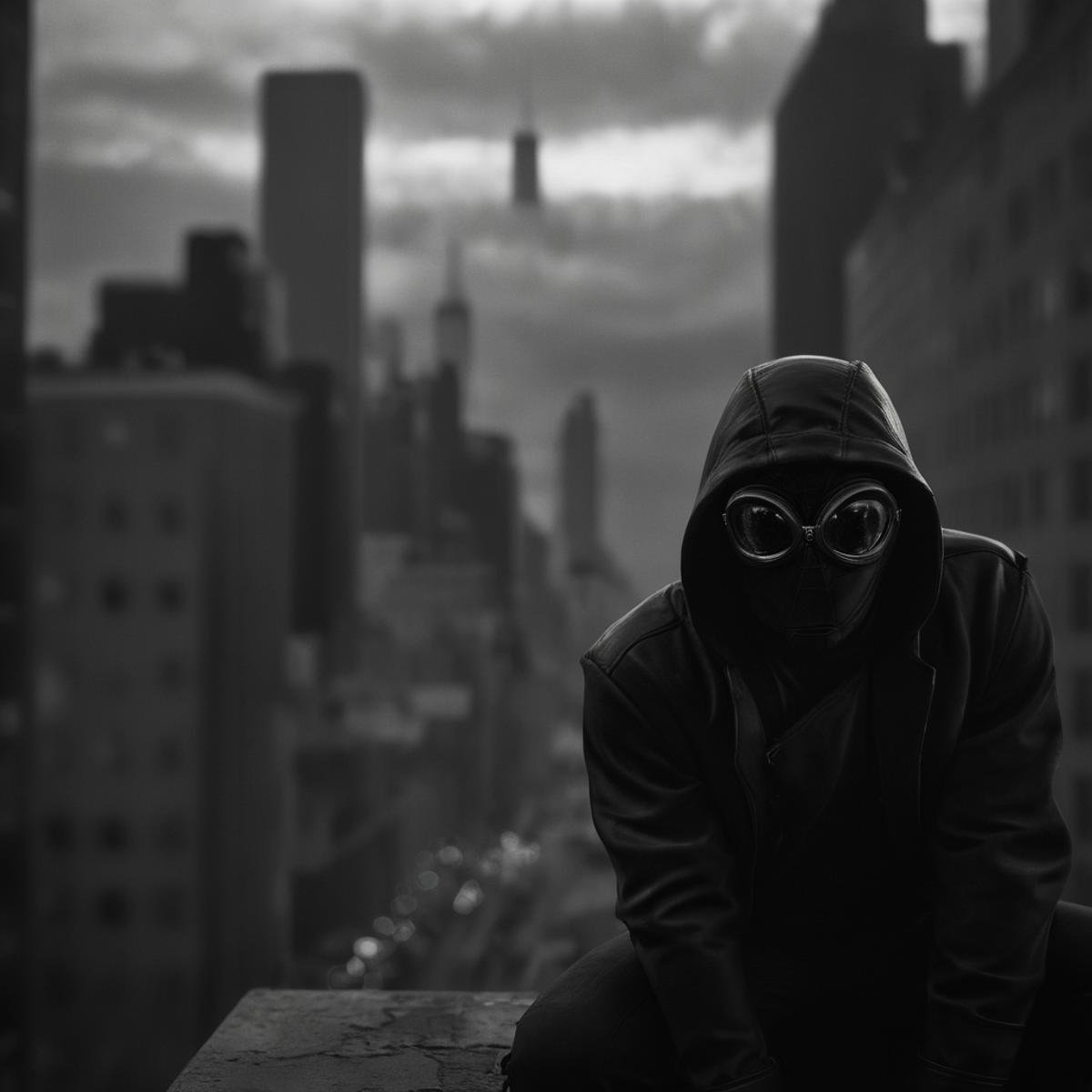 cinematic film still of Spider-Man Noir a man in a hoodie is looking out over a city in Marvel Noir universe,  solo,  glov...