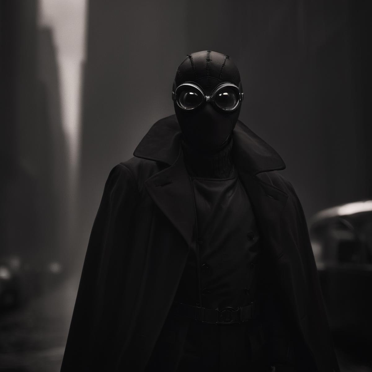 cinematic film still of Spider-Man Noir a man in a black suit with red eyes in Marvel Noir universe,  solo,  gloves by Eau...