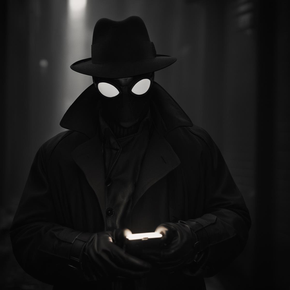 cinematic film still of Spider-Man Noir a man in a hat and trench coat holding a cell phone in Marvel Noir universe,  solo...