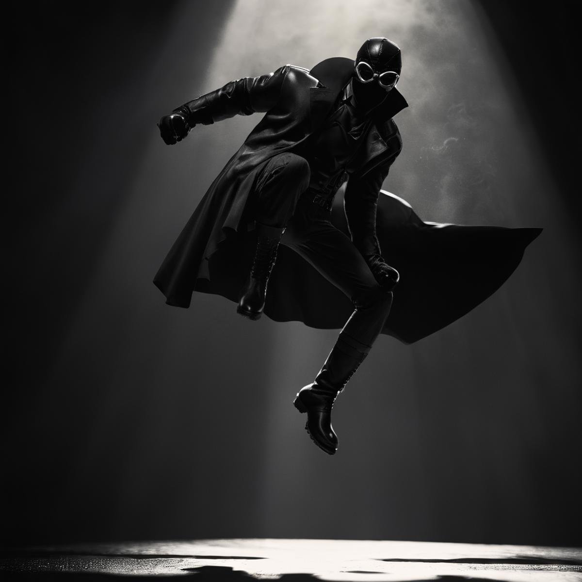 cinematic film still of Spider-Man Noir a man in a black suit is jumping in Marvel Noir universe,  solo,  simple backgroun...