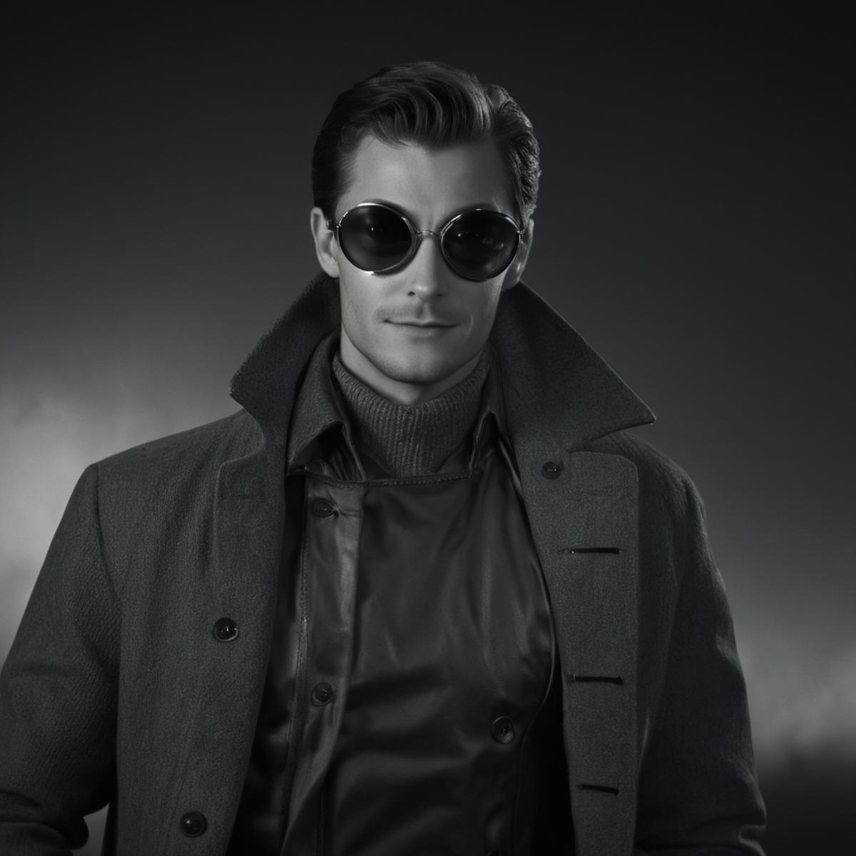cinematic film still of peter parker a man in a coat and sunglasses looking at camera in Marvel Noir universe,  solo,  loo...