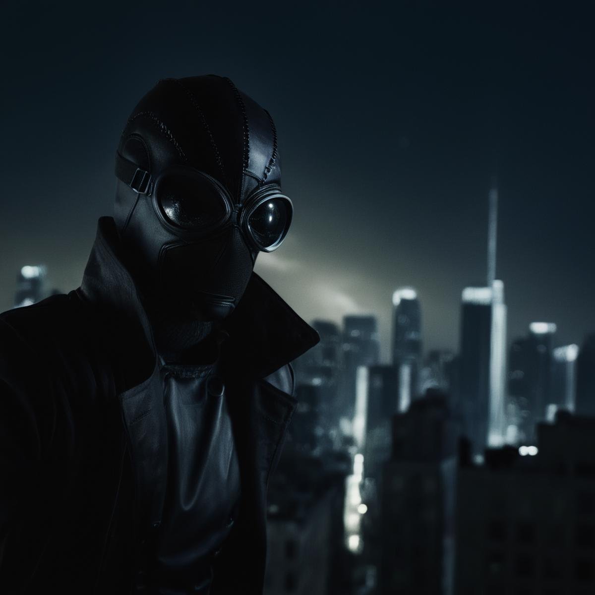 cinematic film still of Spider-Man Noir a man in a helmet is on a ledge above a city in Marvel Noir universe,  solo,  1boy...