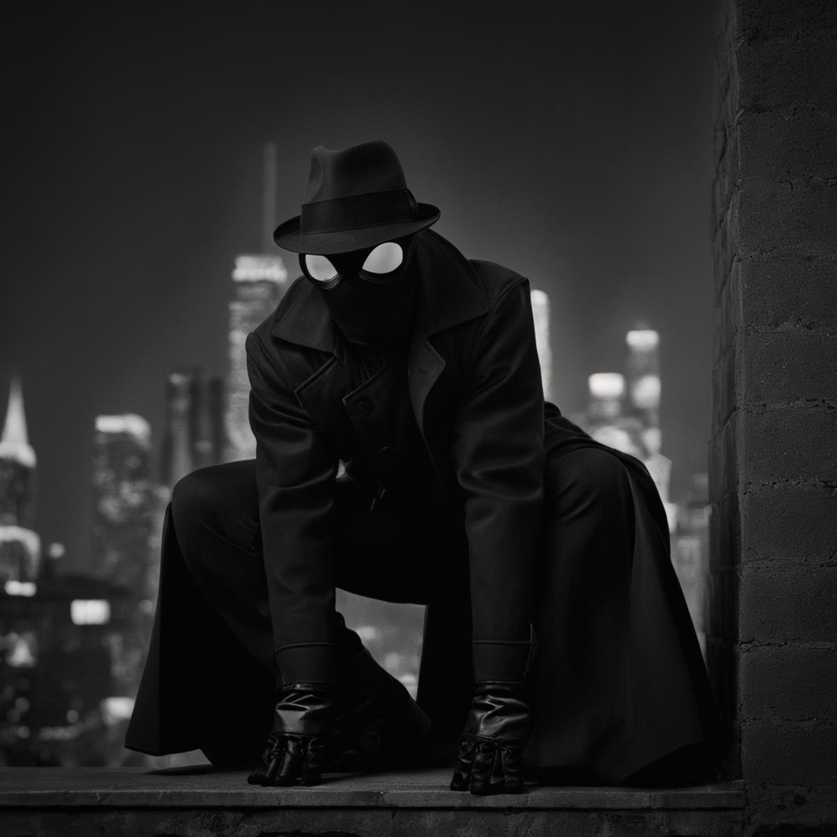cinematic film still of Spider-Man Noir a man in a black suit and hat crouches down on a ledge in Marvel Noir universe,  s...