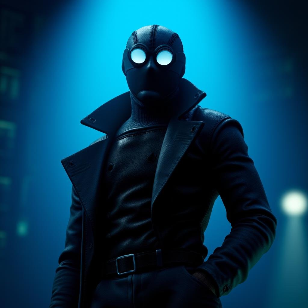 comic book art of cinematic Spider-Man Noir style a man in a leather outfit and mask standing in front of bright blue ligh...
