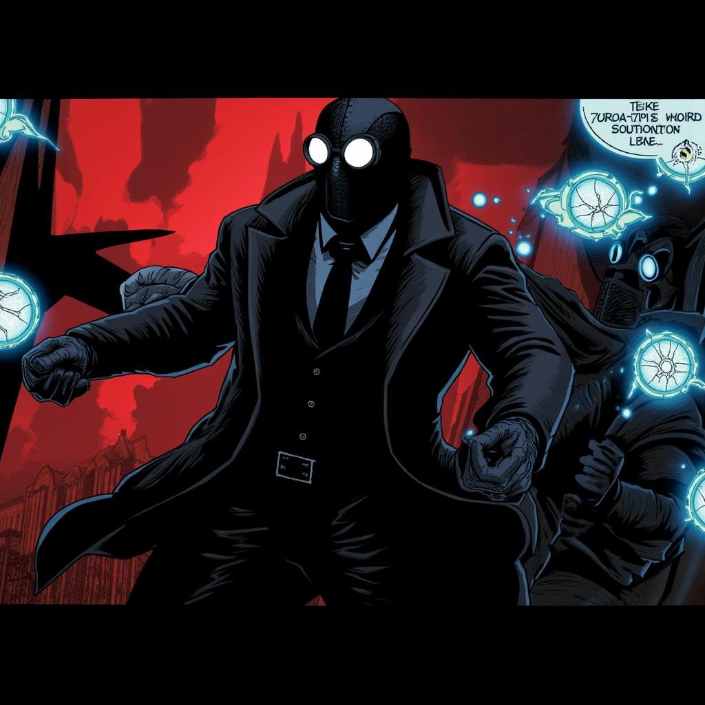 comic book art of cinematic Spider-Man Noir style a comic strip with a person in a black suit,  perfect image,  perfect bo...