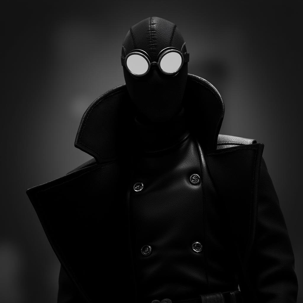 cinematic film still of cinematic Spider-Man Noir style a man in a black leather outfit and goggles,  perfect image,  perf...