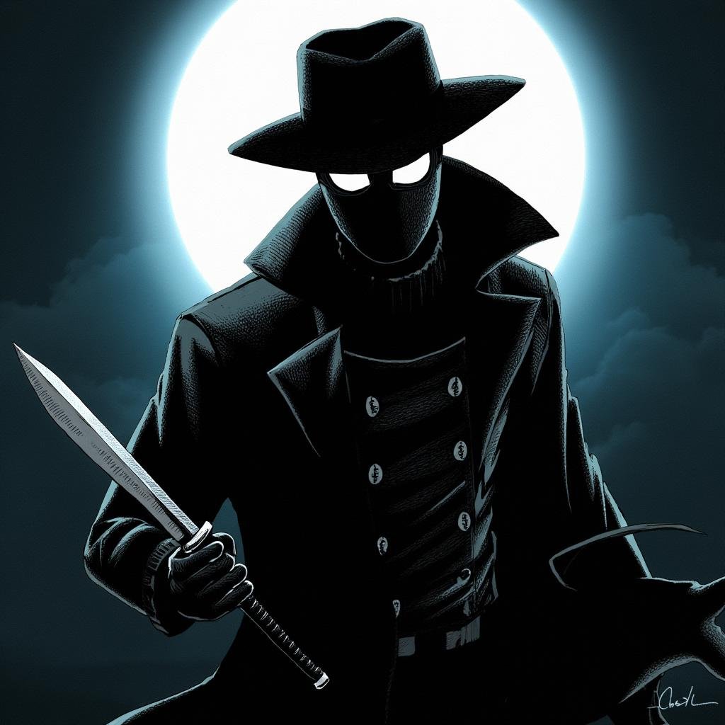 comic book art of drawing side view cinematic Spider-Man Noir style a man in a hat and a cape is holding a knife,  perfect...