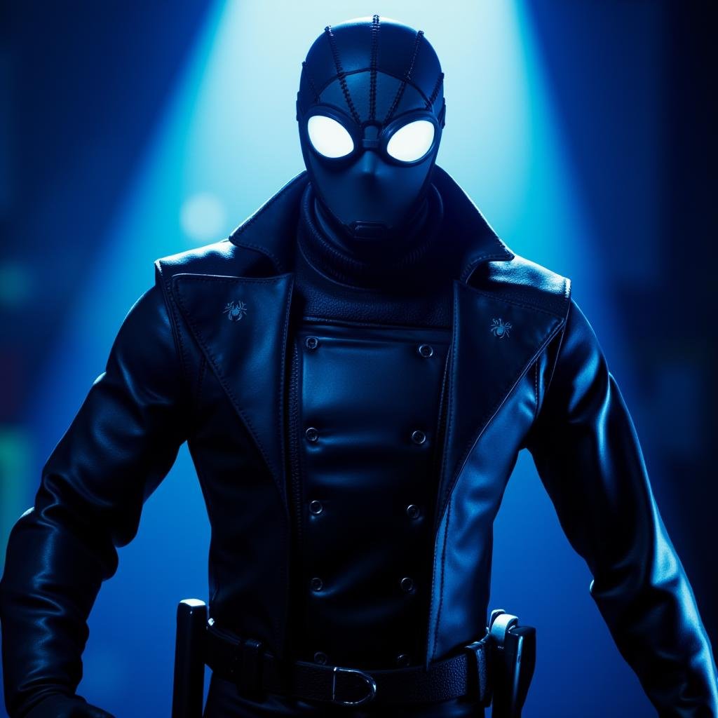 comic book art of cinematic Spider-Man Noir style a man in a leather outfit and mask standing in front of bright blue ligh...