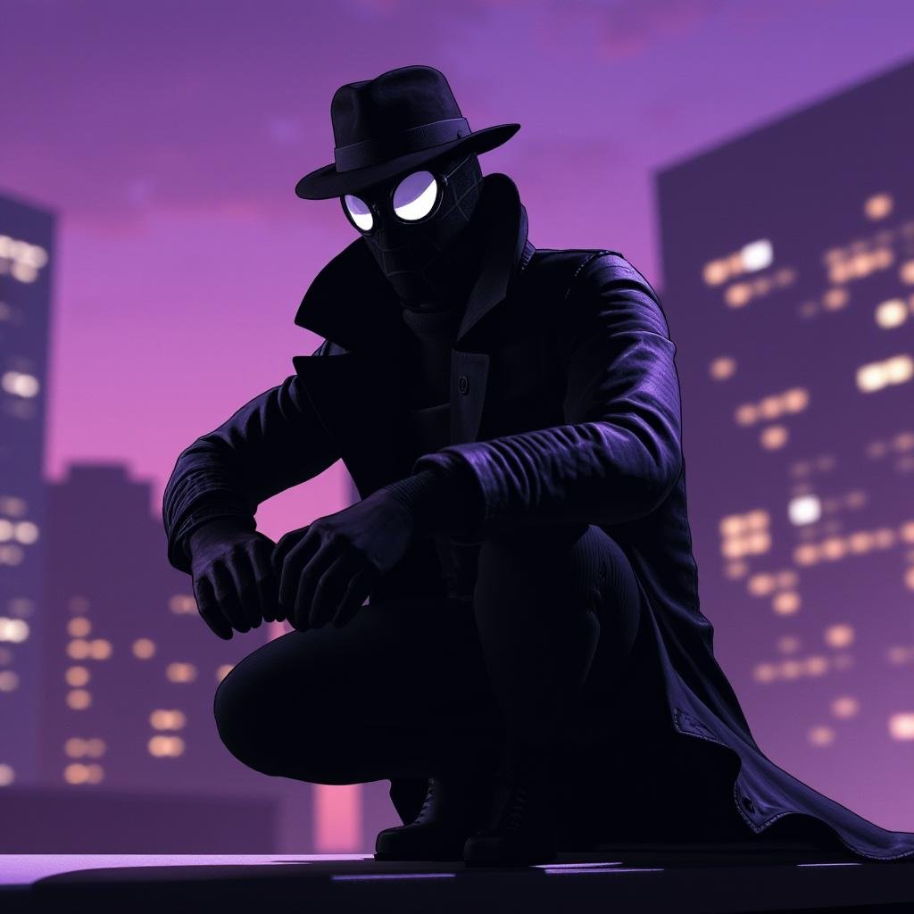 cinematic film still of drawing cinematic Spider-Man Noir style a man in a black suit and hat crouches down on a ledge,  p...