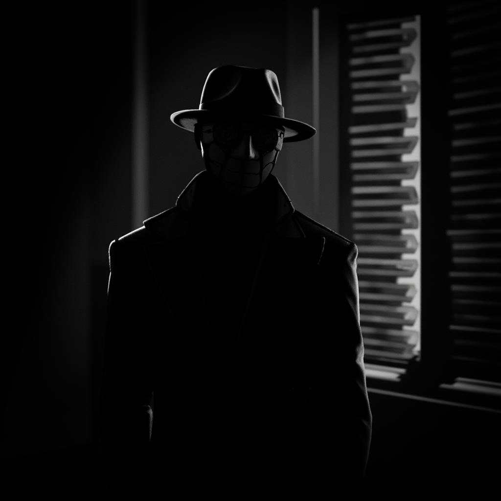 cinematic film still of dark cinematic Spider-Man Noir style a man in a hat and jacket is standing in a shadow of window b...