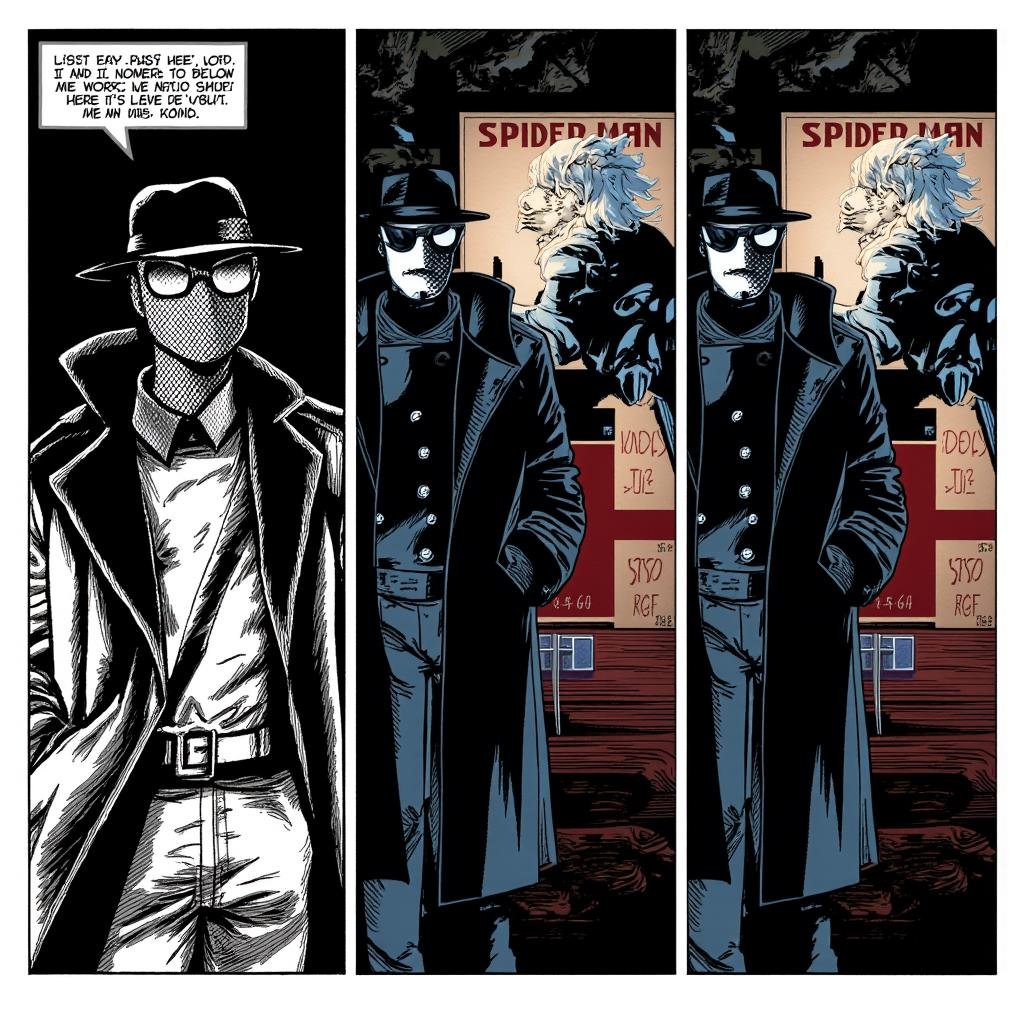 comic book art of cinematic Spider-Man Noir style a comic page with a comic strip and a comic strip,  perfect image,  perf...